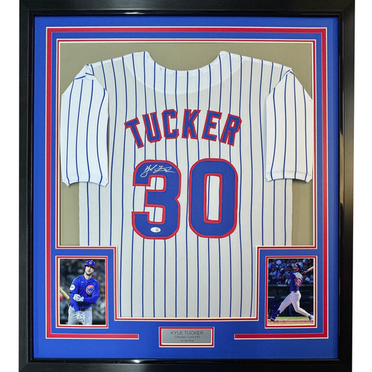 Framed Autographed/Signed Kyle Tucker 35x39 Chicago Pinstripe Baseball Jersey JSA COA