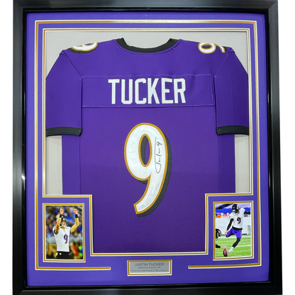 Framed Autographed/Signed Justin Tucker 35x39 Baltimore Purple Football Jersey JSA COA