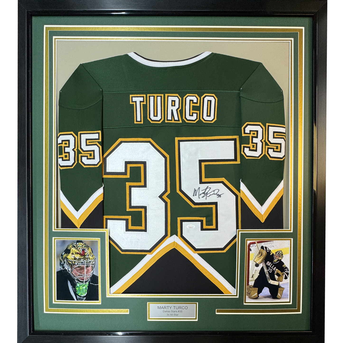 Framed Autographed/Signed Marty Turco 35x39 Dallas Green Hockey Jersey JSA COA