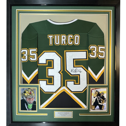 Framed Autographed/Signed Marty Turco 35x39 Dallas Green Hockey Jersey JSA COA