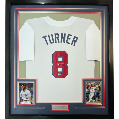 Framed Autographed/Signed Trea Turner 35x39 United States USA White World Baseball Classic WBC Jersey Beckett BAS COA
