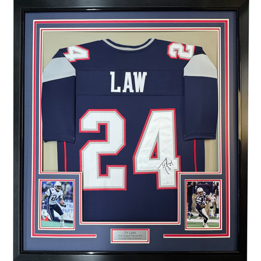 Framed Autographed/Signed Ty Law 35x39 New England Blue Football Jersey JSA COA