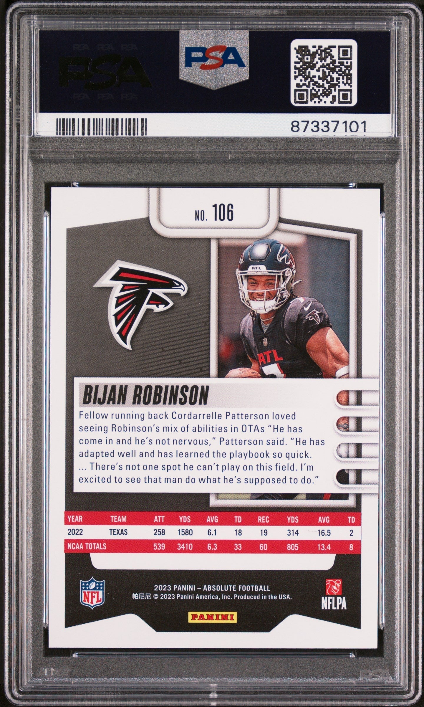 Graded 2023 Panini Absolute Bijan Robinson #106 Rookie RC Football Card PSA 10 Gem Mint