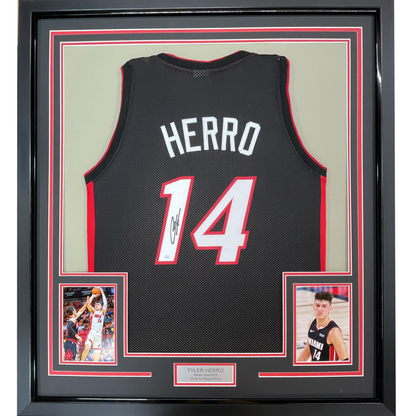 Framed Autographed/Signed Tyler Herro 35x39 Miami Black Basketball Jersey JSA COA
