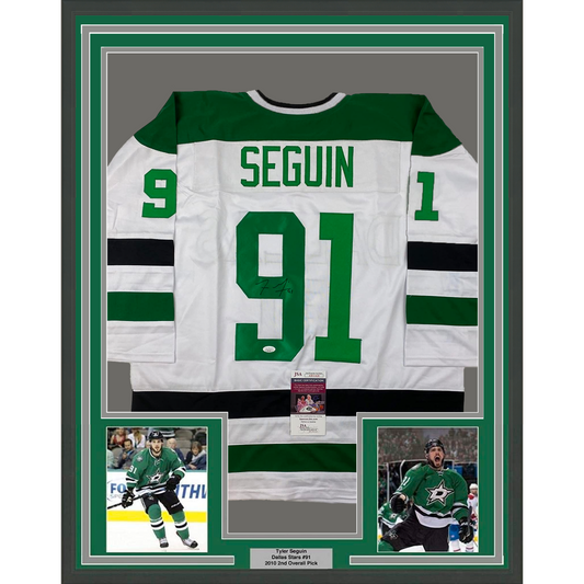 Framed Autographed/Signed Tyler Seguin 35x39 Dallas White Hockey Jersey JSA COA