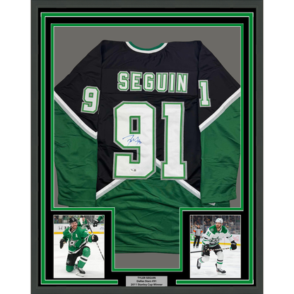 Framed Autographed/Signed Tyler Seguin 35x39 Dallas Black Hockey Jersey Beckett BAS COA