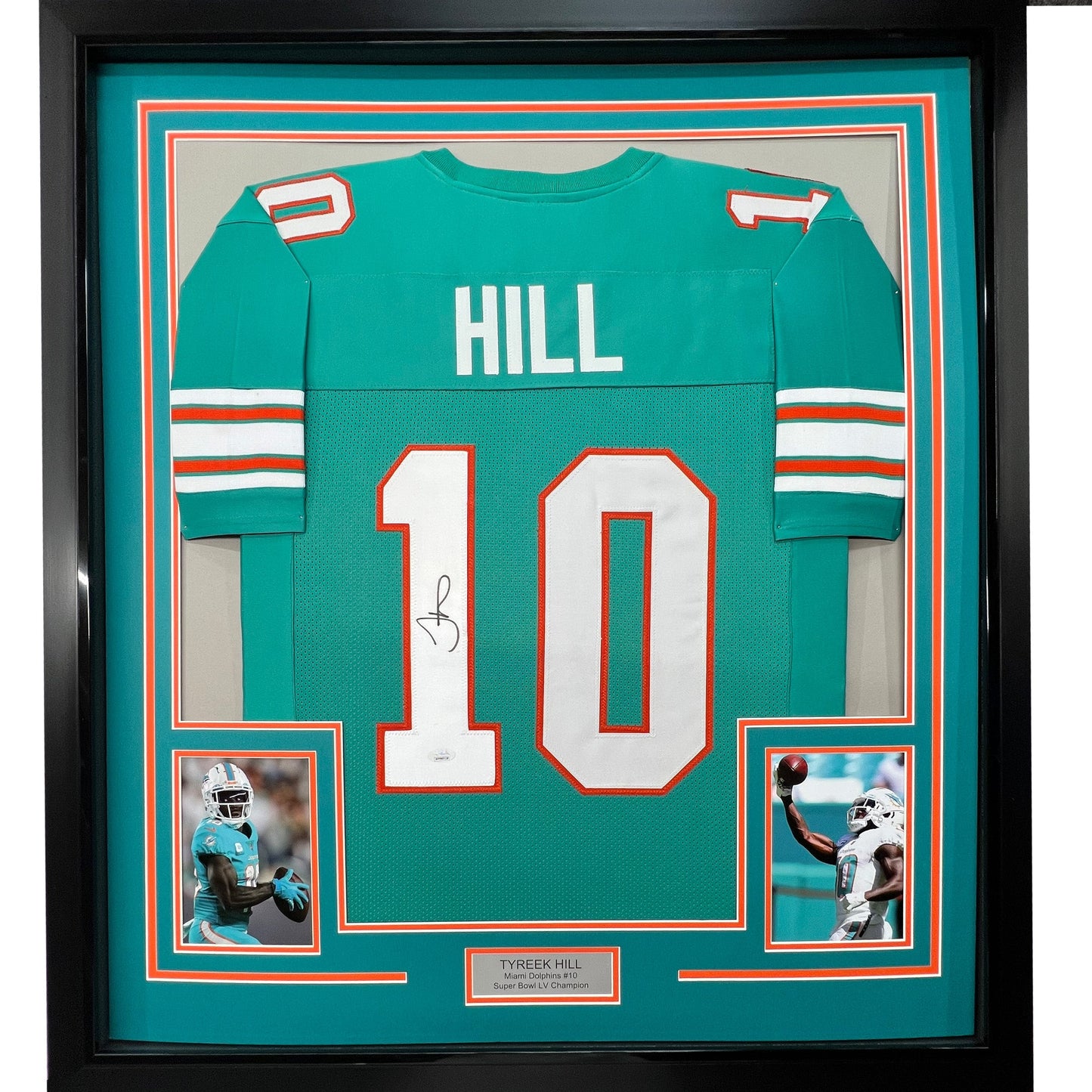 Framed Autographed/Signed Tyreek Hill 35x39 Miami Retro Teal Football Jersey JSA COA