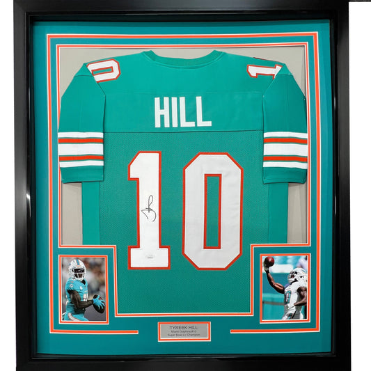 Framed Autographed/Signed Tyreek Hill 35x39 Miami Retro Teal Football Jersey JSA COA
