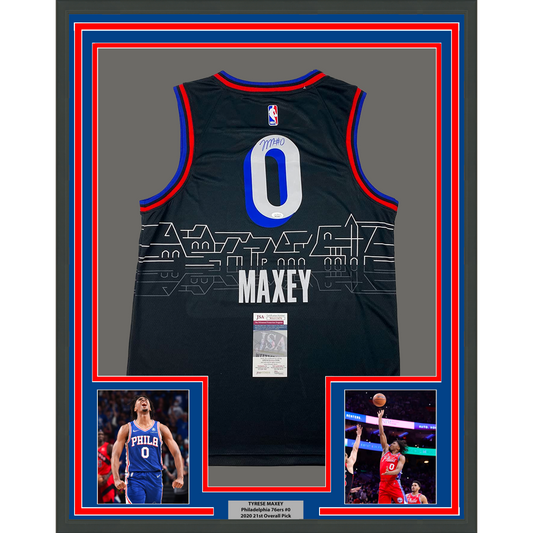 Framed Autographed/Signed Tyrese Maxey 35x39 Philadelphia 76ers Sixers Black City Edition Basketball Jersey JSA COA