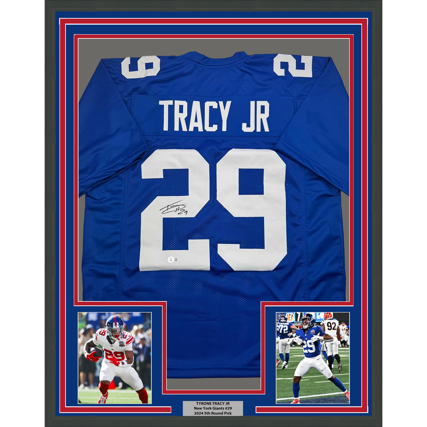 Framed Autographed/Signed Tyrone Tracy Jr. 35x39 New York Blue Football Jersey Beckett BAS COA