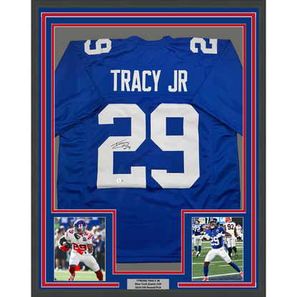 Framed Autographed/Signed Tyrone Tracy Jr. 35x39 New York Blue Football Jersey Beckett BAS COA