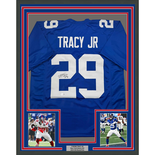 Framed Autographed/Signed Tyrone Tracy Jr. 35x39 New York Blue Football Jersey Beckett BAS COA