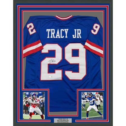 Framed Autographed/Signed Tyrone Tracy Jr. 35x39 New York Blue Football Jersey Beckett BAS COA #2