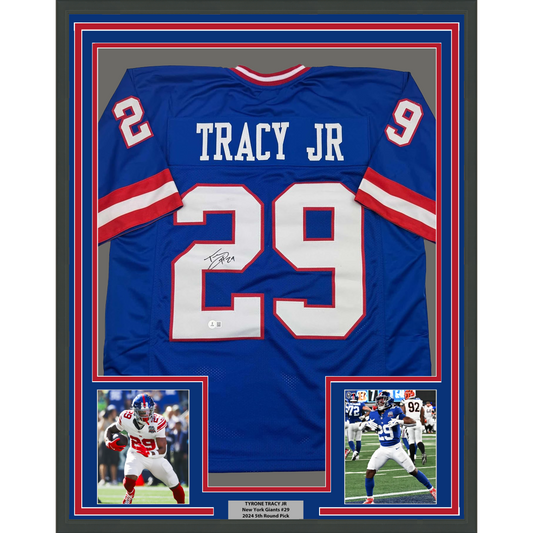 Framed Autographed/Signed Tyrone Tracy Jr. 35x39 New York Blue Football Jersey Beckett BAS COA #2