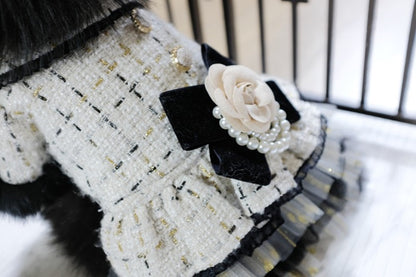 Handmade Luxury Tweed Dog Dress with Fur Trim | Designer Small Dog Coat Dress