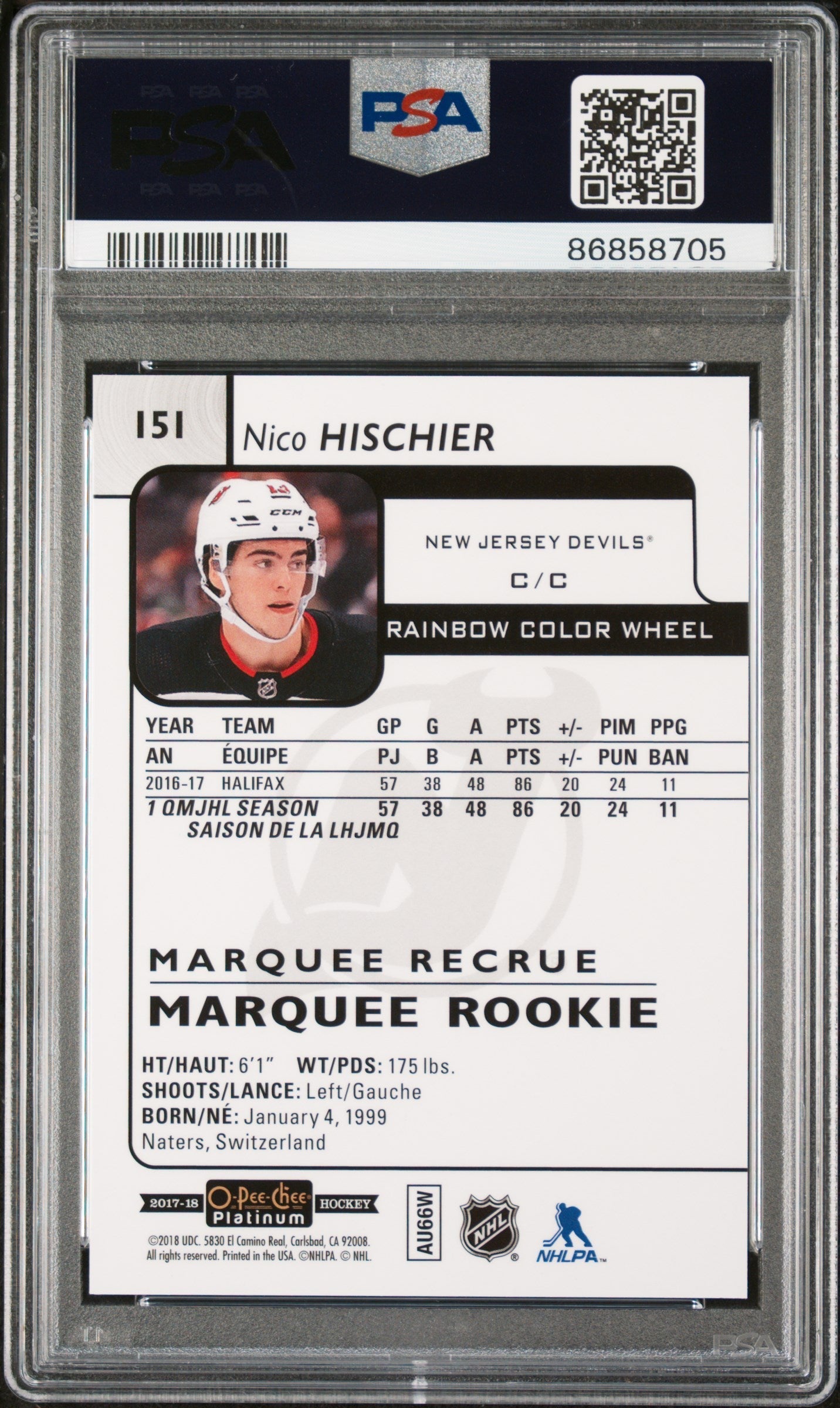 Graded 2017 UD O.P.C Platinum Nico Hischier #151 Rainbow Color Wheel Rookie RC Hockey Card PSA 10 Gem Mint