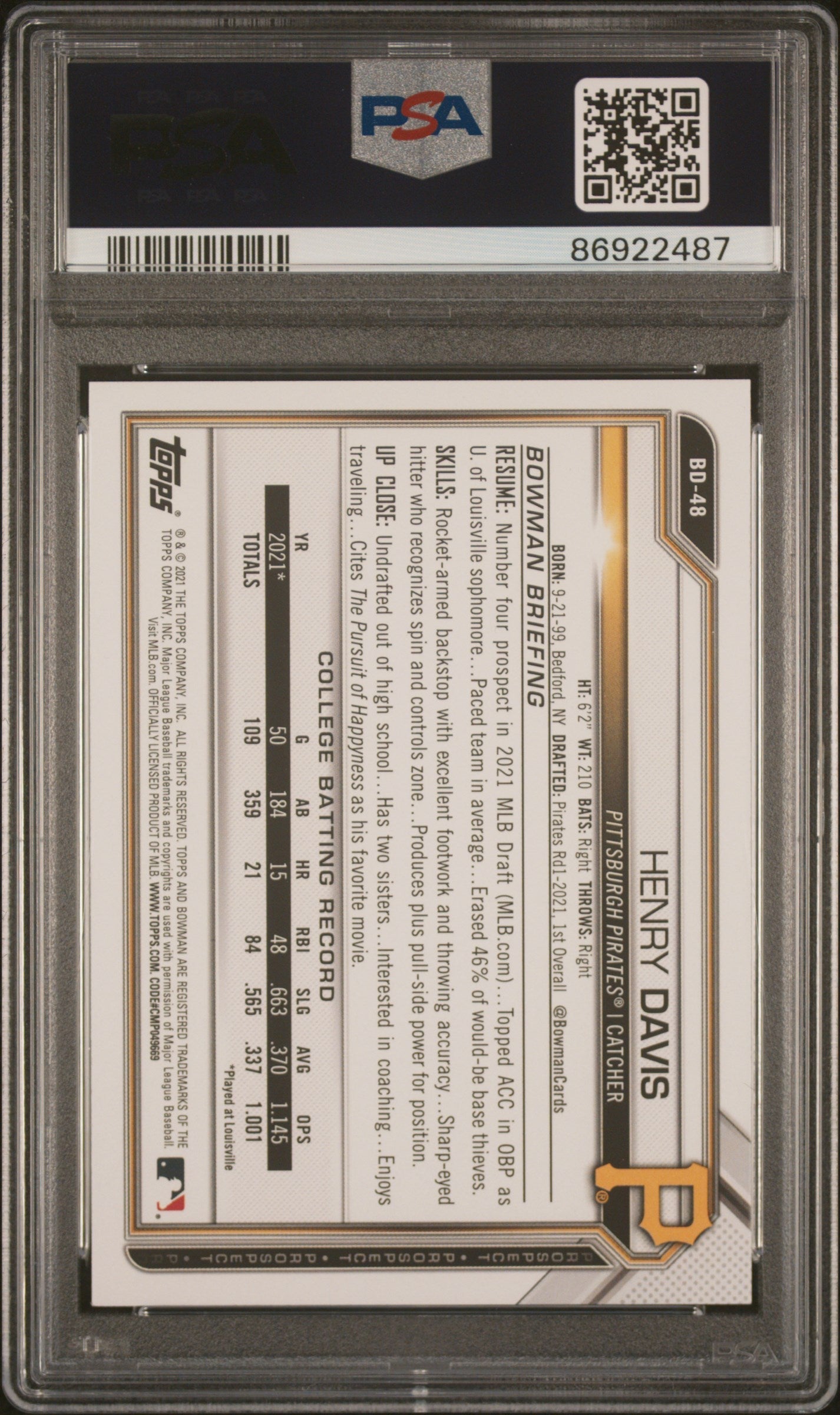 Graded 2021 Topps Bowman Draft Henry Davis #BD48 Rookie RC Baseball Card PSA 10 Gem Mint
