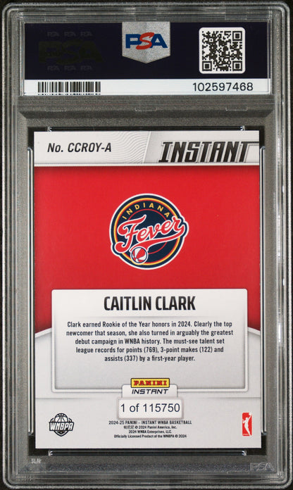 Graded 2024 Panini Instant WNBA Caitlin Clark #A Rookie of the Year Rookie RC Basketball Card PSA 10 Gem Mint