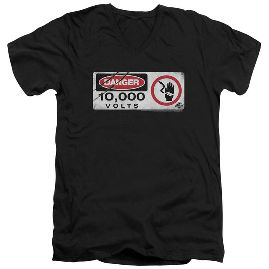 Jurassic Park Electric Fence Sign Mens Slim Fit V-Neck T Shirt Black
