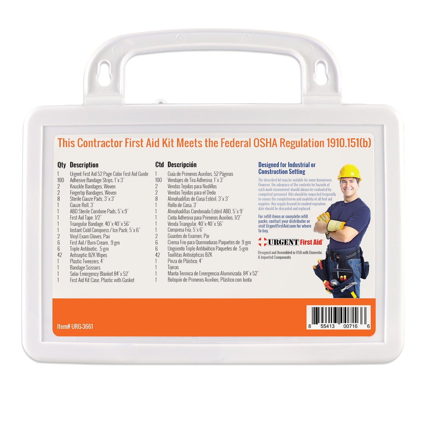 OSHA Contractors First Aid Kit - 25 Person, Plastic, 180 pieces