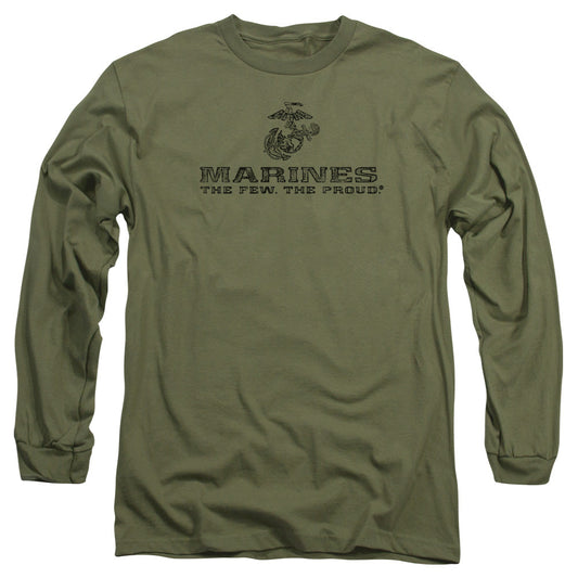 Us Marine Corps Distressed Logo Mens Long Sleeve Shirt Military Green Officially Licensed