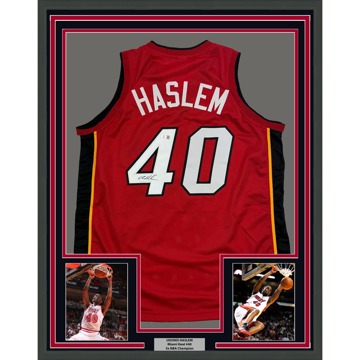 Framed Autographed/Signed Udonis Haslem 35x39 Miami Red Basketball Jersey Beckett BAS COA