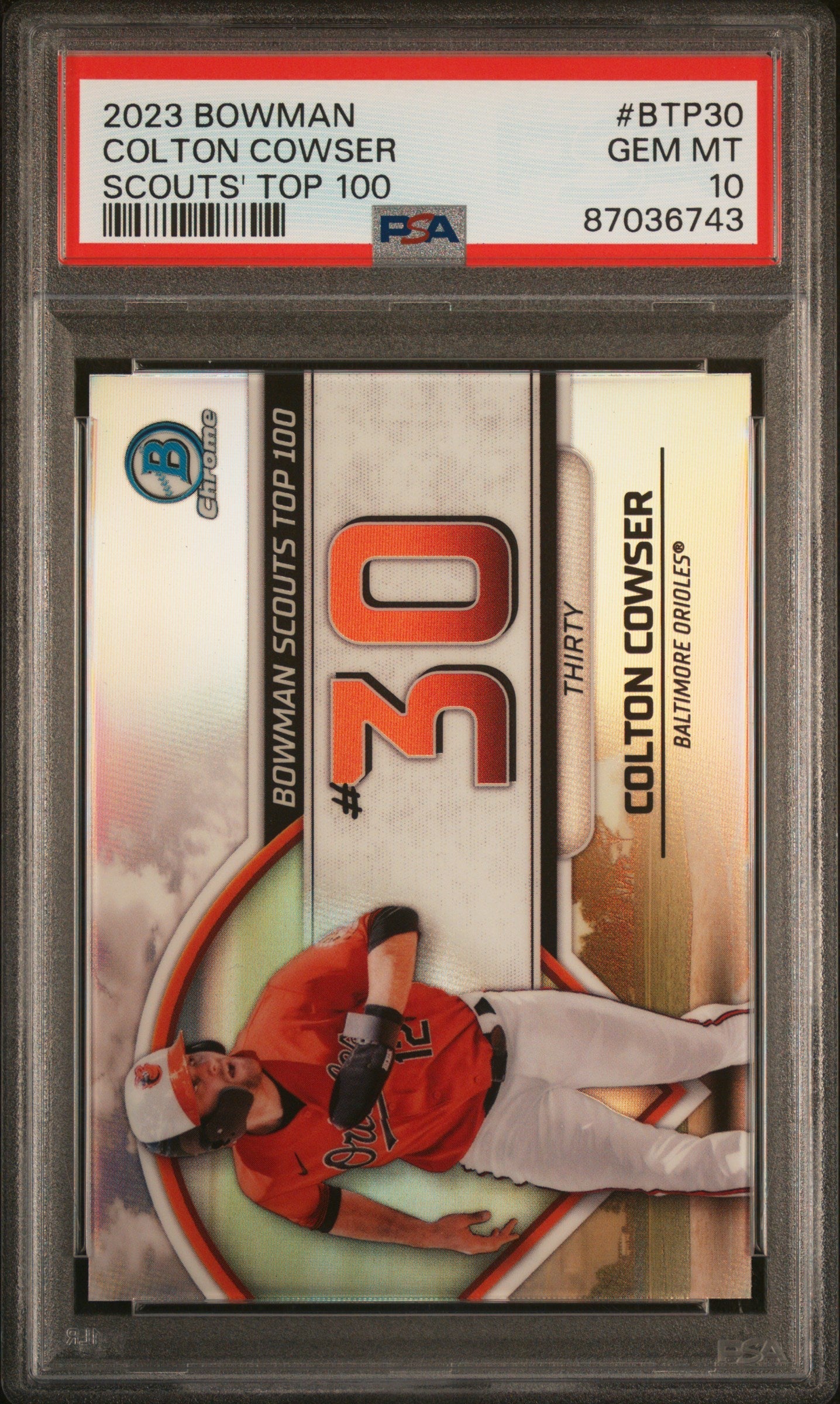 Graded 2023 Topps Bowman Colton Cowser #BTP30 Scouts Top 100 Rookie RC Baseball Card PSA 10 Gem Mint