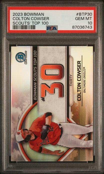 Graded 2023 Topps Bowman Colton Cowser #BTP30 Scouts Top 100 Rookie RC Baseball Card PSA 10 Gem Mint