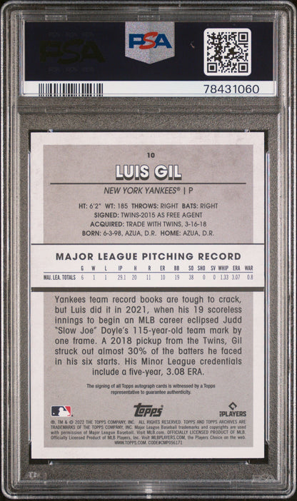 Graded 2022 Topps Archives Snapshots Luis Gil #10 Autograph Rookie RC Baseball Card PSA 10 Gem Mint