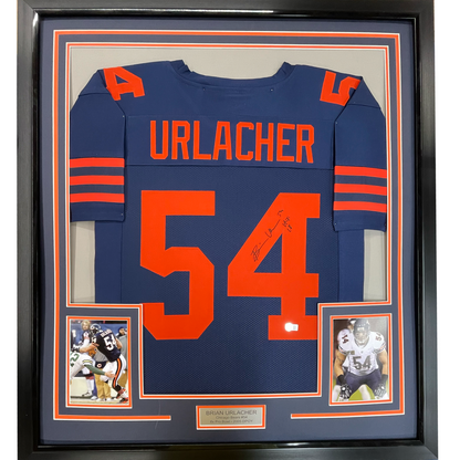 Framed Autographed/Signed Brian Urlacher 35x39 HOF 18 Chicago Blue Retro Football Jersey Beckett BAS COA
