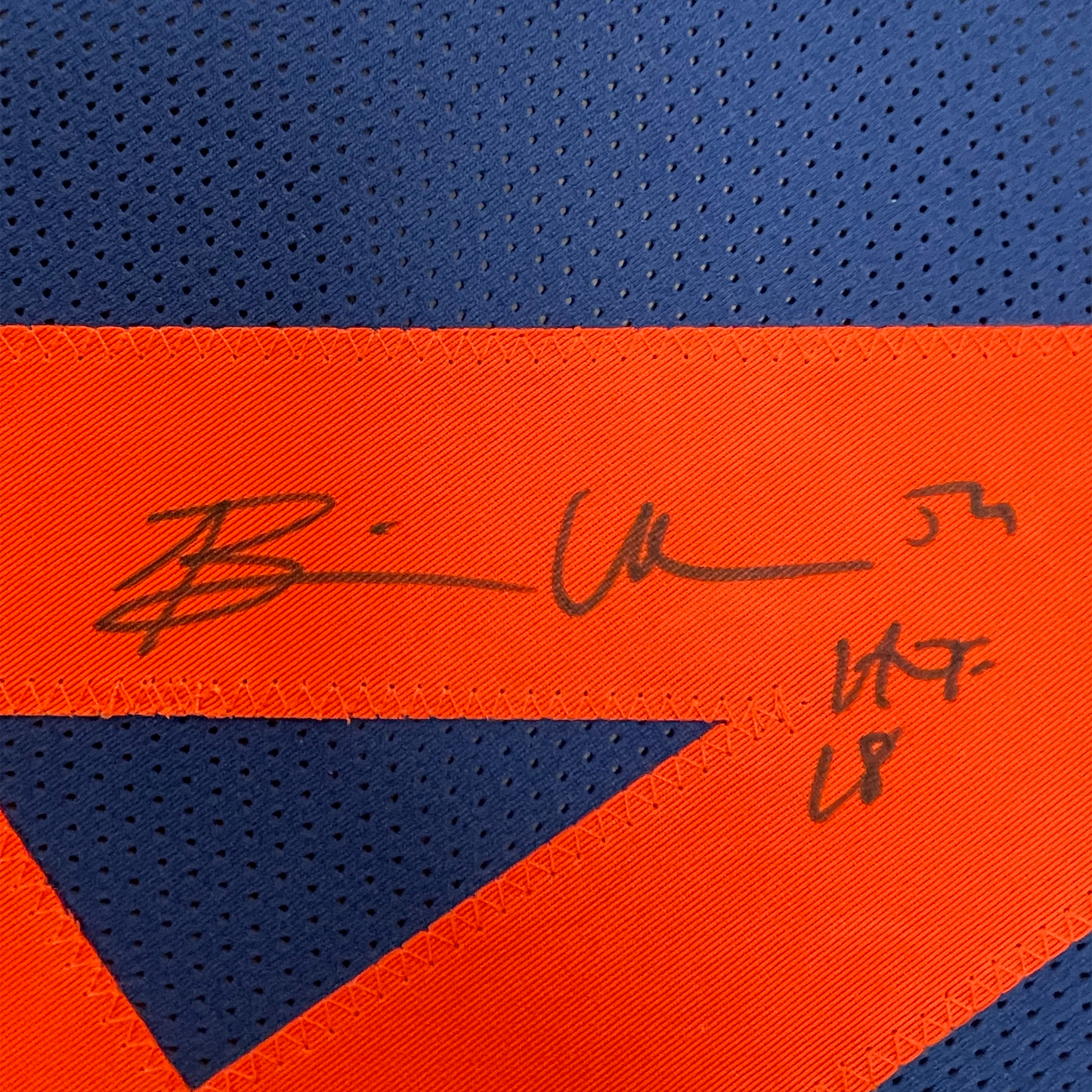 Framed Autographed/Signed Brian Urlacher 35x39 HOF 18 Chicago Blue Retro Football Jersey Beckett BAS COA