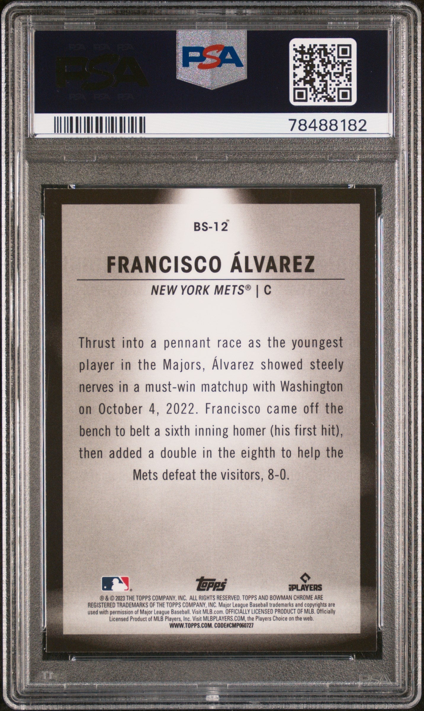 Graded 2023 Topps Bowman Francisco Alvarez #BS12 Spotlights Rookie RC Baseball Card PSA 10 Gem Mint