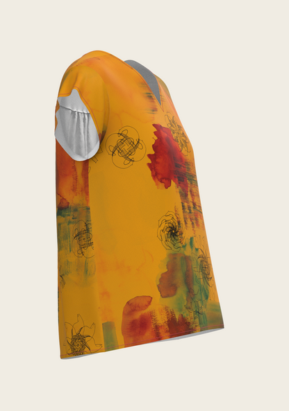 Horse Flower Fair in Ochre Loose Fitting V Neck Shirt