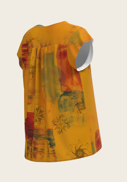 Horse Flower Fair in Ochre Loose Fitting V Neck Shirt