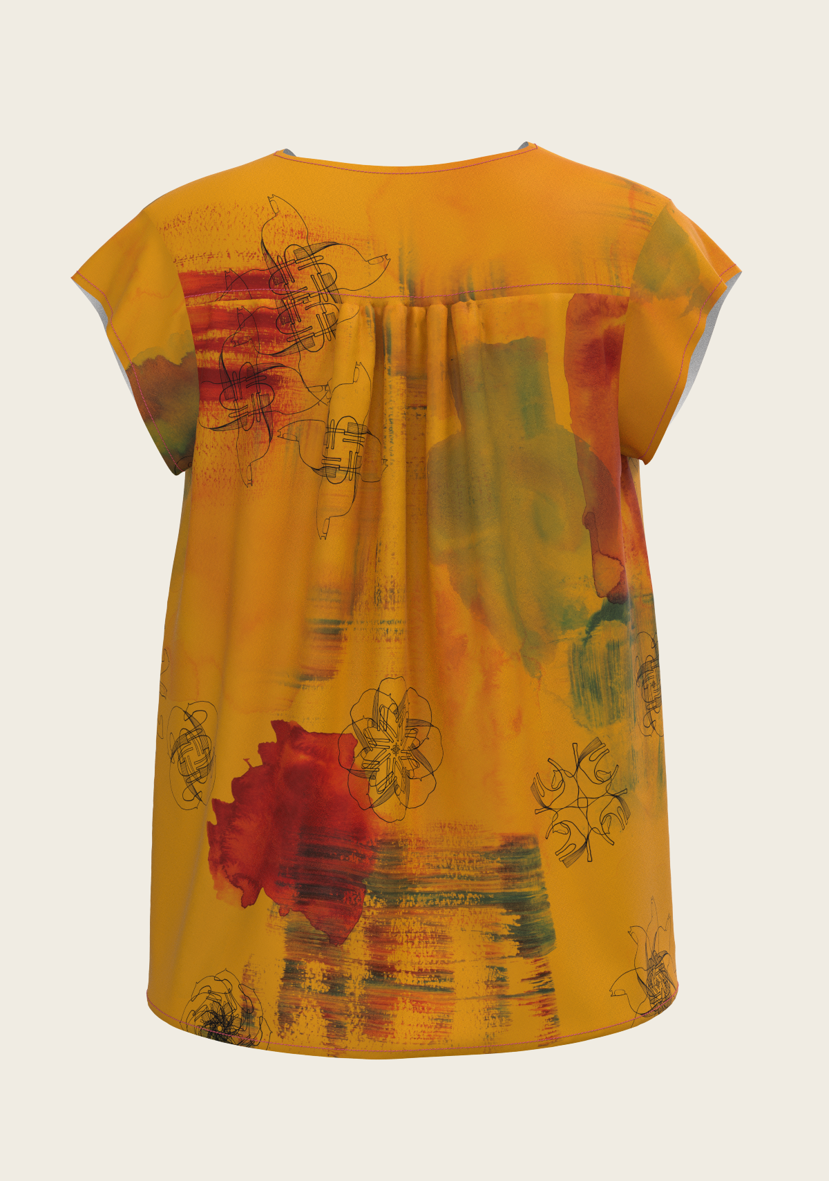 Horse Flower Fair in Ochre Loose Fitting V Neck Shirt