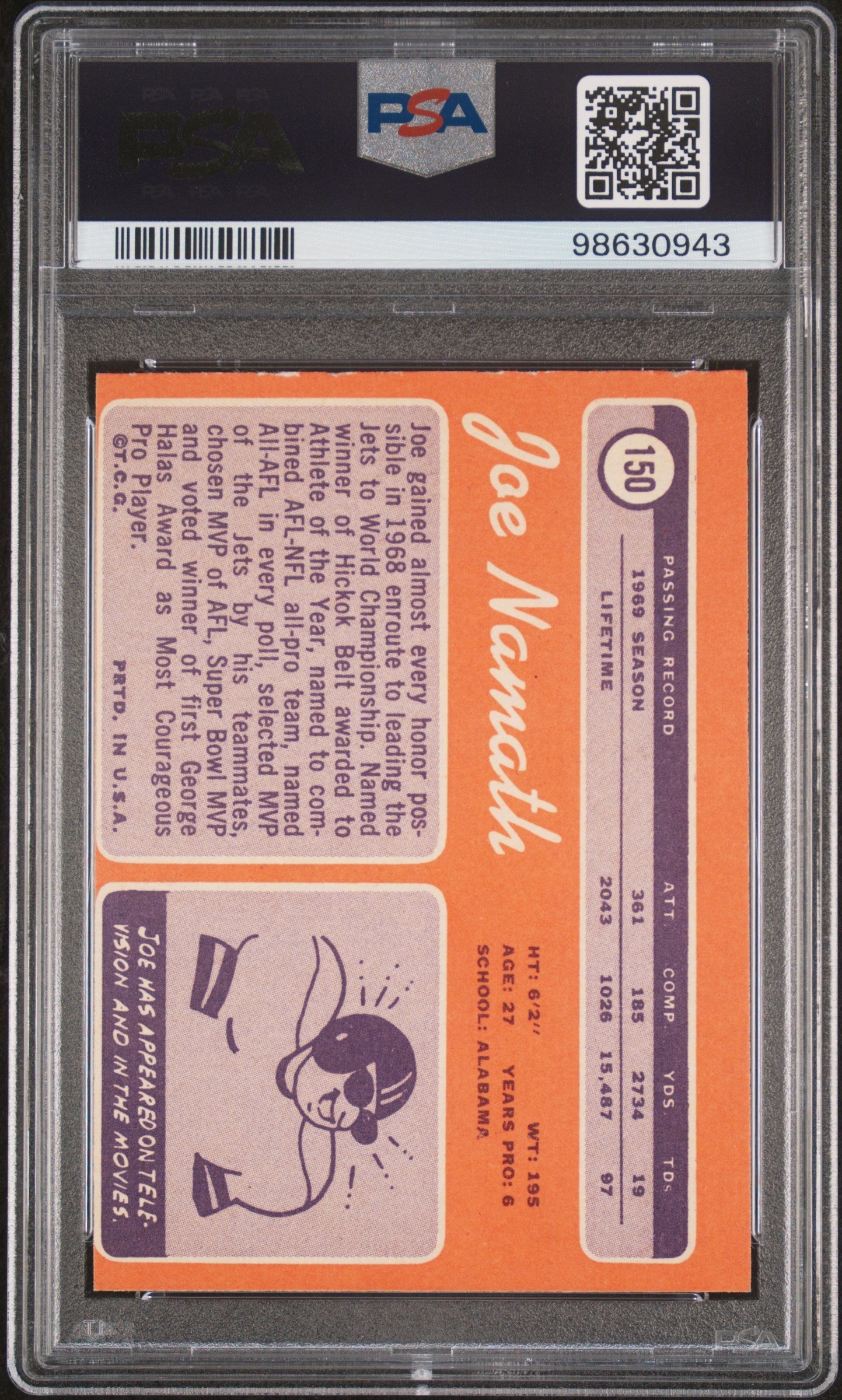Graded 1970 Topps Joe Namath #150 Football Card PSA 8 NM-MT