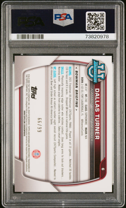 Graded 2022 Topps Bowman University Dallas Turner #6 Chrome Prospects Green Shimmer Refractor #/99 Rookie RC Football Card PSA 10 Gem Mint