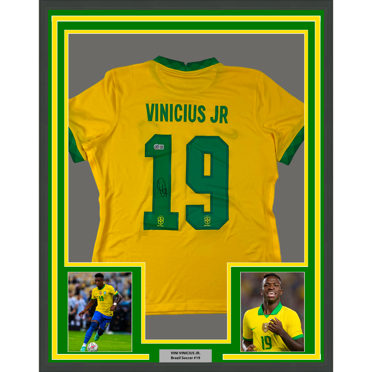 Framed Autographed/Signed Vini Vinicius Jr. 35x39 Brazil Yellow Soccer Jersey Beckett BAS COA