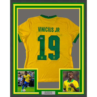 Framed Autographed/Signed Vini Vinicius Jr. 35x39 Brazil Yellow Soccer Jersey Beckett BAS COA
