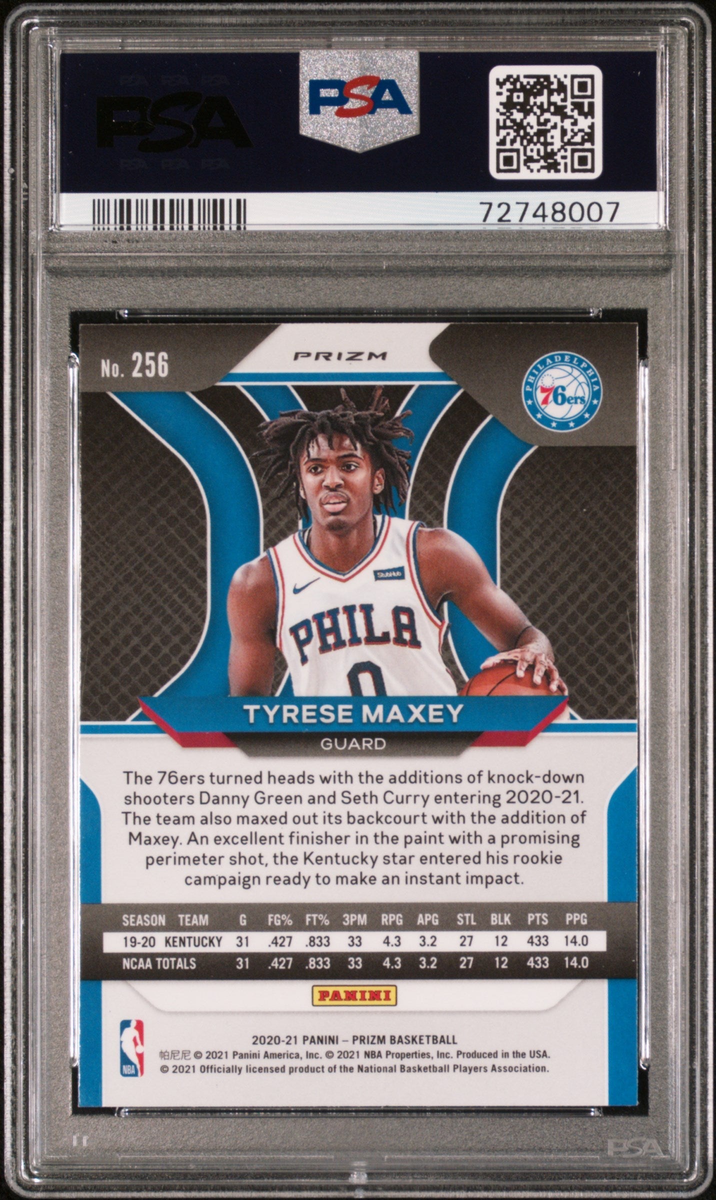 Graded 2020 Panini Prizm Tyrese Maxey #256 Pink Ice Rookie RC Basketball Card PSA 10 Gem Mint