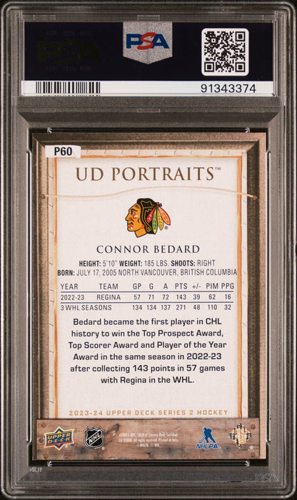 Graded 2023 Upper Deck Connor Bedard #P60 UD Portraits Rookie RC Hockey Card PSA 10 Gem Mint