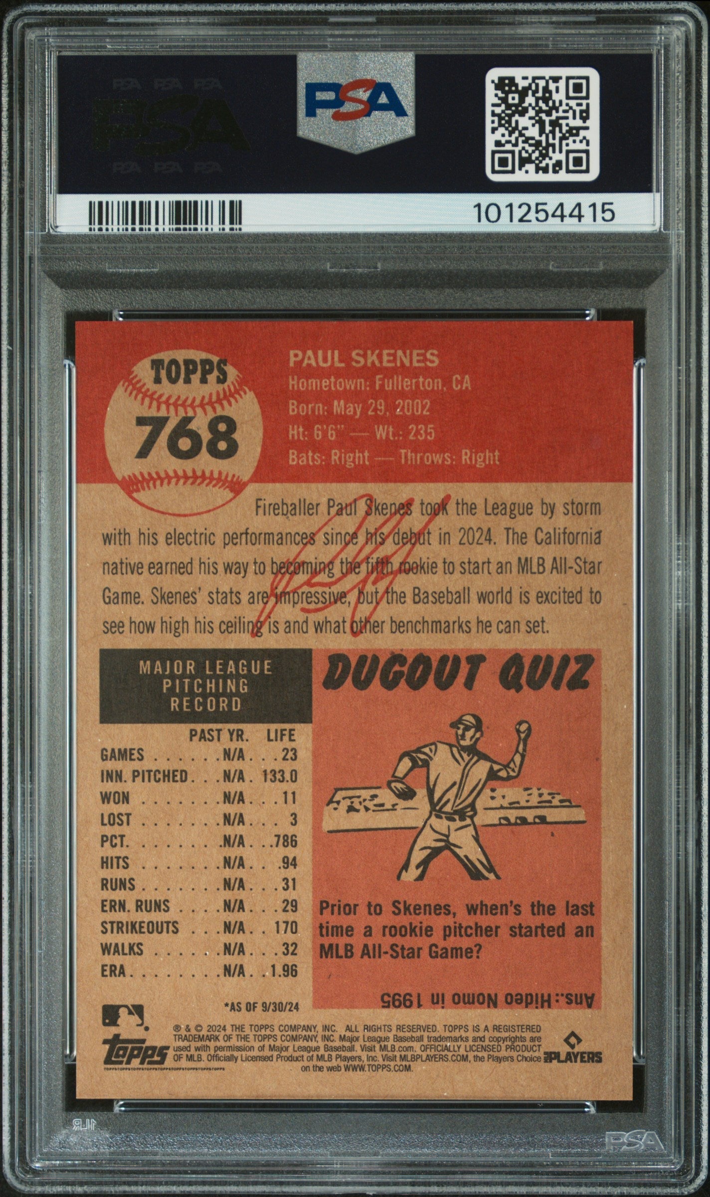 Graded 2024 Topps Living Paul Skenes #768 Rookie RC Baseball Card PSA 10 Gem Mint