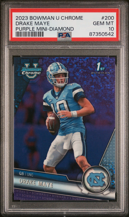 Graded 2023 Topps Bowman U Chrome Drake Maye #200 Purple Mini Diamond #/399 Rookie RC Football Card PSA 10 Gem Mint