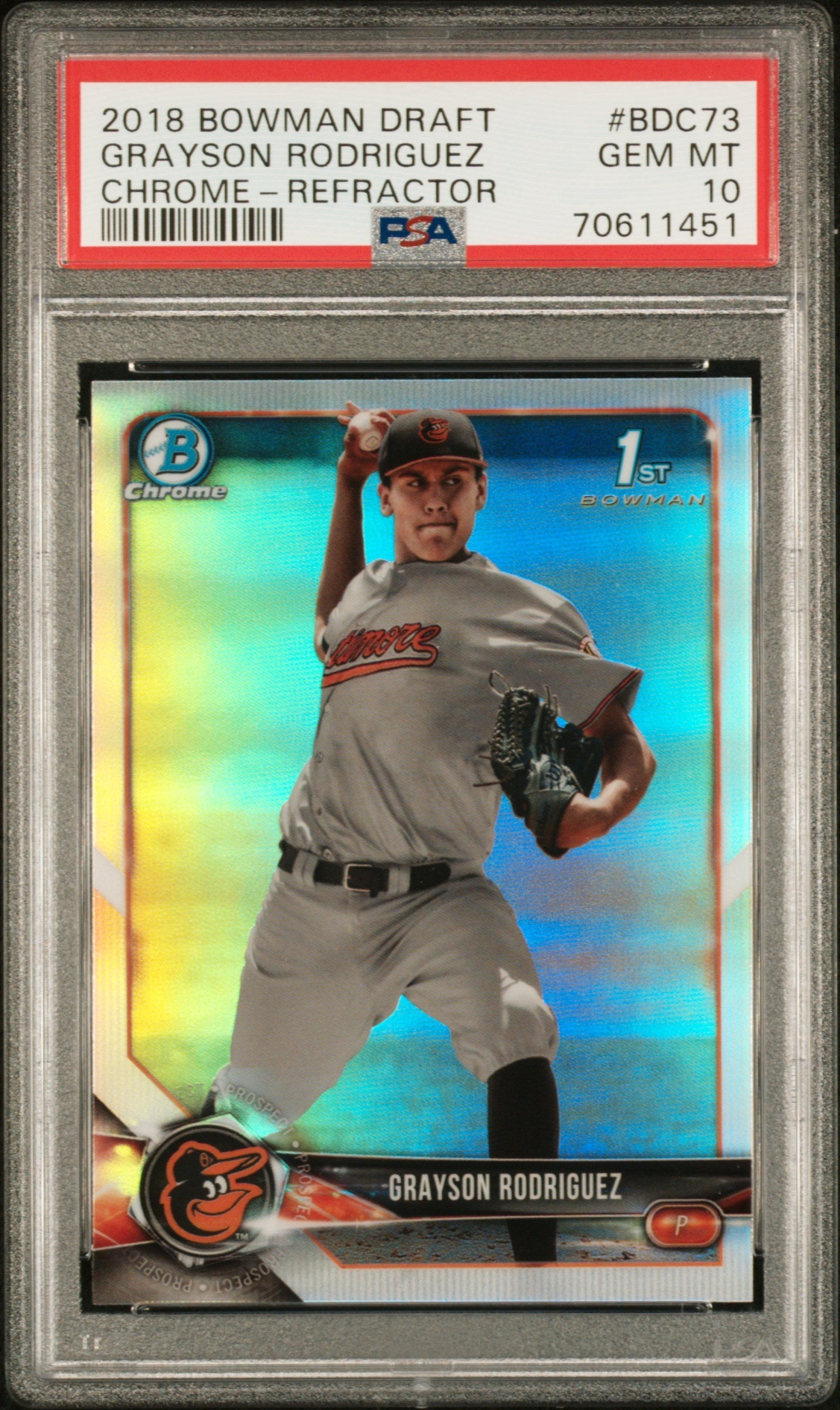 Graded 2018 Topps Bowman Draft Grayson Rodriguez #BDC73 Chrome Refractor Rookie RC Baseball Card PSA 10 Gem Mint