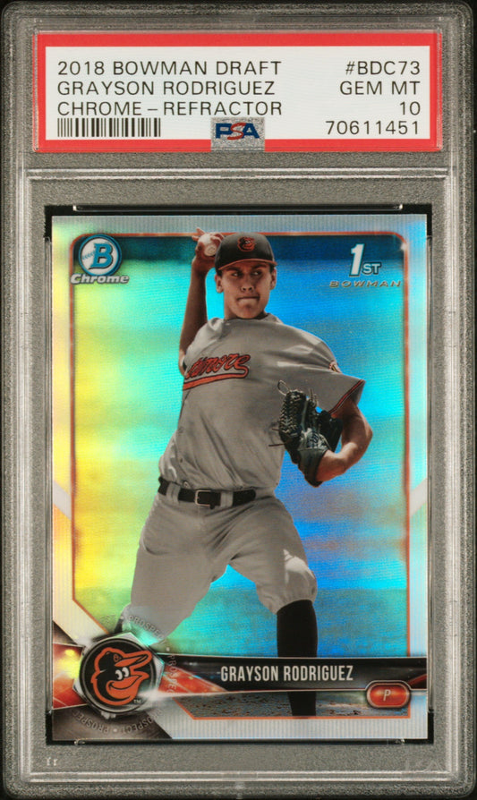 Graded 2018 Topps Bowman Draft Grayson Rodriguez #BDC73 Chrome Refractor Rookie RC Baseball Card PSA 10 Gem Mint