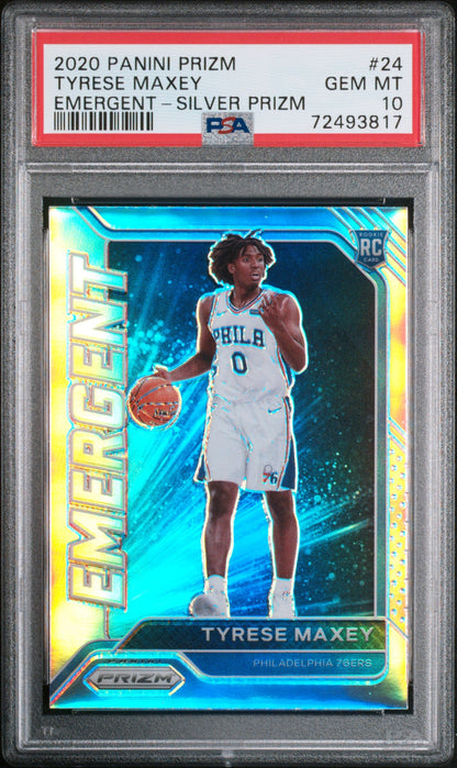 Graded 2020 Panini Prizm Tyrese Maxey #24 Emergent Silver Prizm Rookie RC Basketball Card PSA 10 Gem Mint