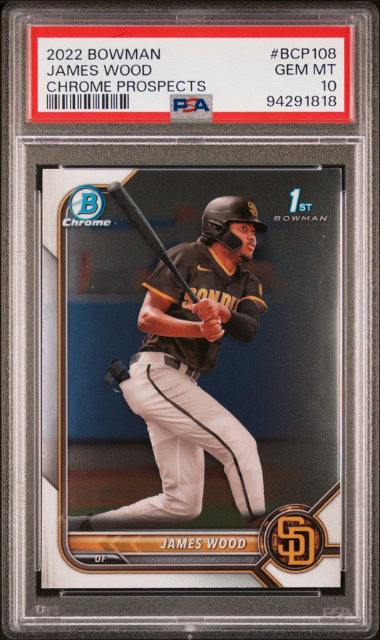 Graded 2022 Topps Bowman James Wood #BCP108 Chrome Prospects Rookie RC Baseball Card PSA 10 Gem Mint