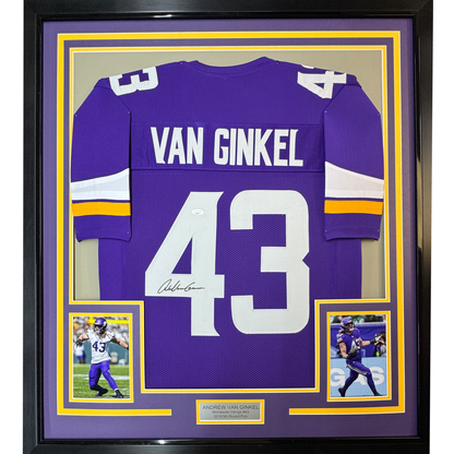 Framed Autographed/Signed Andrew Van Ginkel 35x39 Minnesota Purple Football Jersey JSA COA