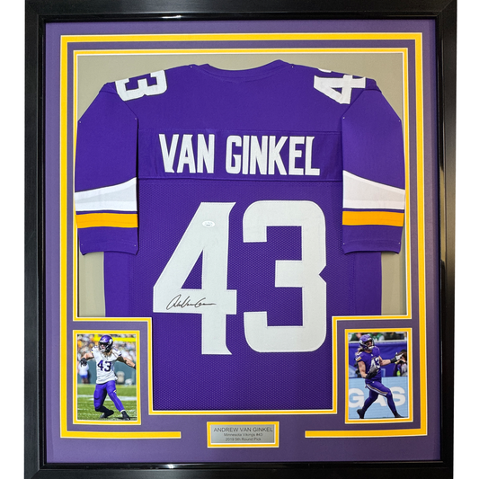 Framed Autographed/Signed Andrew Van Ginkel 35x39 Minnesota Purple Football Jersey JSA COA
