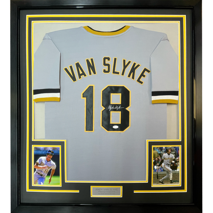 Framed Autographed/Signed Andy Van Slyke 35x39 Pittsburgh Grey Baseball Jersey JSA COA